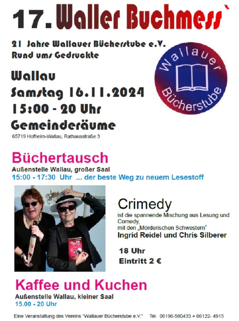 Büchertausch, Kaffee & Kuchen sowie ein Crimedy gibt es am 16.11.24 in Wallau.